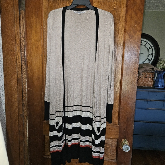 Valerie Stevens Long Striped Cardigan Sweater Womens Large side pockets - Picture 1 of 5